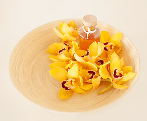 Image showing closeup of wooden bowl with orchids and oil