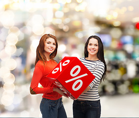 Image showing two smiling teenage girl with percent sign on box