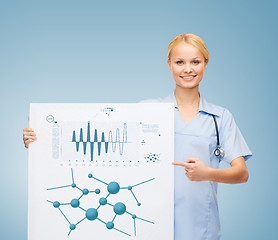 Image showing smiling female doctor or nurse with blank board