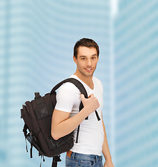 Image showing travelling student with backpack outdoor