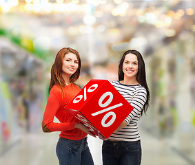 Image showing two smiling teenage girl with percent sign on box