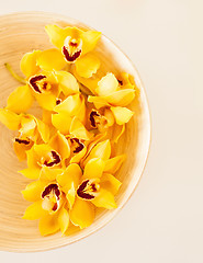 Image showing closeup of wooden bowl with orchid flowers