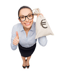 Image showing happy businesswoman holding money bag with euro