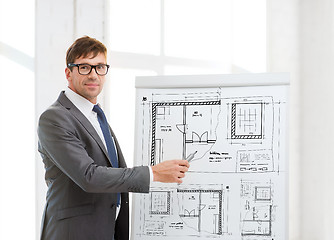 Image showing businessman pointing to blueprint on flip board