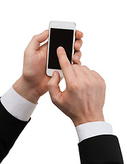 Image showing businessman touching screen of smartphone