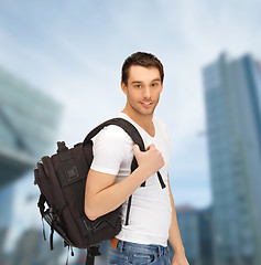 Image showing travelling student with backpack outdoor