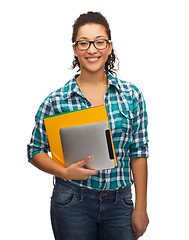 Image showing student in eyeglasses with folders and tablet pc