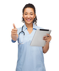 Image showing doctor or nurse with stethoscope and tablet pc
