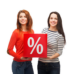 Image showing two smiling teenage girl with percent sign on box