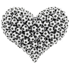 Image showing Heart shape composed of many soccer balls isolated on white