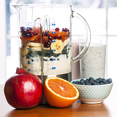 Image showing Making smoothies in blender with fruit and yogurt