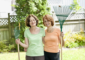 Image showing Women with rakes in garden