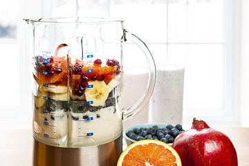 Image showing Making smoothies in blender with fruit and yogurt