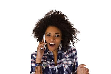 Image showing Excited african american woman with cell phone