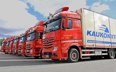 Image showing Fleet of Red Long Haulage Trucks