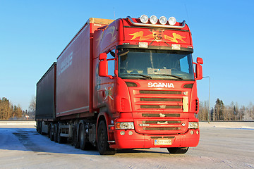 Image showing Red Scania R500 Long Haulage Truck in Winter