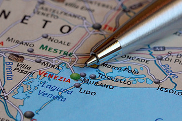 Image showing Ballpoint Pen Pointing at Venice on a Map of Italy