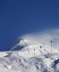 Image showing Ski slope and ropeways in winter