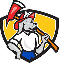 Image showing Dog Fireman Firefighter Fire Axe Shield Cartoon