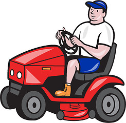 Image showing Gardener Mowing Rideon Lawn Mower Cartoon