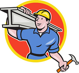 Image showing Construction Steel Worker Carry I-Beam Circle Cartoon