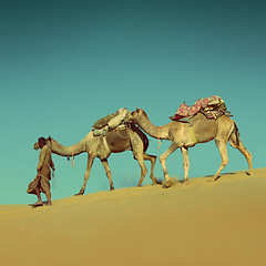 Image showing camels in desert - vintage retro style