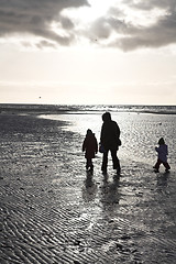 Image showing People looking for amber at the beach of the Island of Fanoe in 