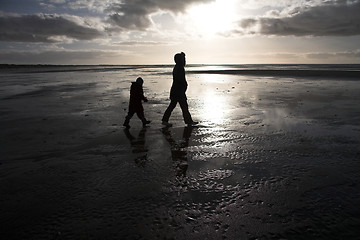 Image showing People looking for amber at the beach of the Island of Fanoe in 