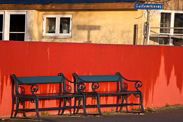 Image showing Bench and red wall. Island of Fanoe in Denmark