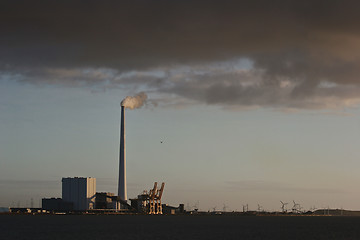 Image showing Chimneys from a heating plant viewed from Island of Fanoe in Den