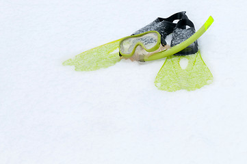 Image showing Snorkel, mask and flippers lying on the snow