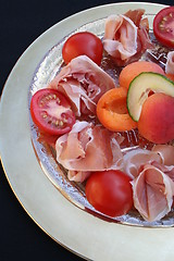 Image showing Serrano ham and fruits