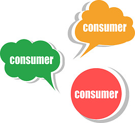 Image showing consumer word on modern banner design template. set of stickers, labels, tags, clouds
