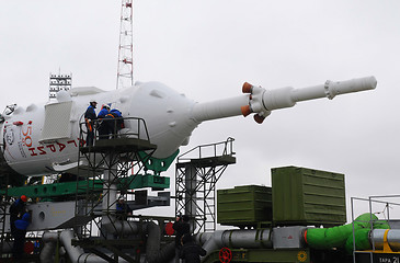 Image showing Technicians on Soyuz Spacecraft