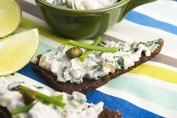 Image showing sandwiches with dark bread, herrings, mushrooms, pepper