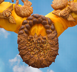 Image showing Easter decoration: beautifully baked a cake and a variety of bre