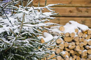 Image showing Birch fire wood at a wall of the house in winter