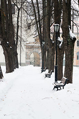 Image showing The park brought by a snow in the center of Riga