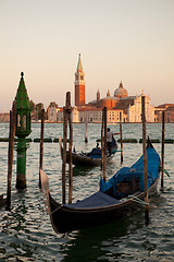 Image showing Gondolas and San Giorgio Maggiore church on Grand Canal in Venic