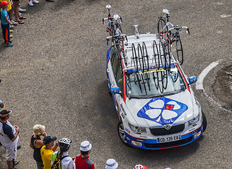 Image showing Lotto Belisol Team Technical Car in Pyrenees Mountains