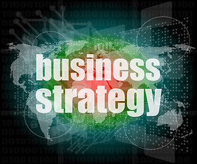 Image showing business strategy word on digital screen, mission control interface hi technology