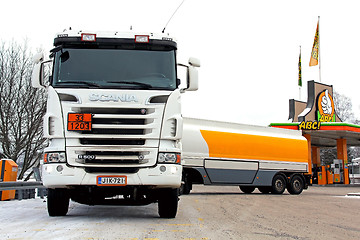 Image showing Scania R500 Tanker Truck Unloading Fuel at Petrol Station
