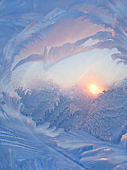 Image showing Ice pattern and sunlight on winter glass