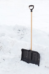 Image showing black snowshowel with wooden handle in snow pile