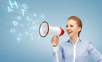 Image showing happy woman with megaphone