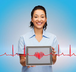 Image showing smiling female doctor or nurse with tablet pc