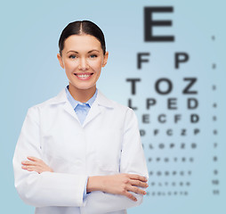 Image showing smiling female doctor with eye chart