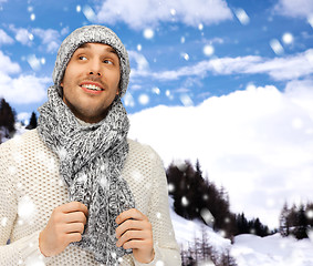 Image showing handsome man in warm sweater, hat and scarf