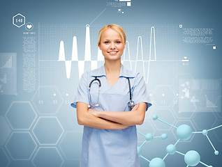 Image showing smiling female doctor or nurse with stethoscope