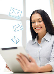 Image showing smiling businesswoman or student with tablet pc